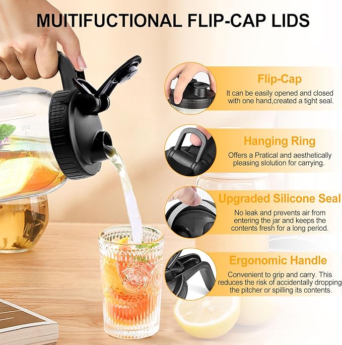 Glass Pitcher with Lid - 64OZ Wide Mouth Mason Jar Pitcher, 2 Quart Double Leak-proof Water Pitcher, Breastmilk Pitcher with Pour Spout Lids for Water, Juice, Milk, Tea, Iced Coffee, and Drinks