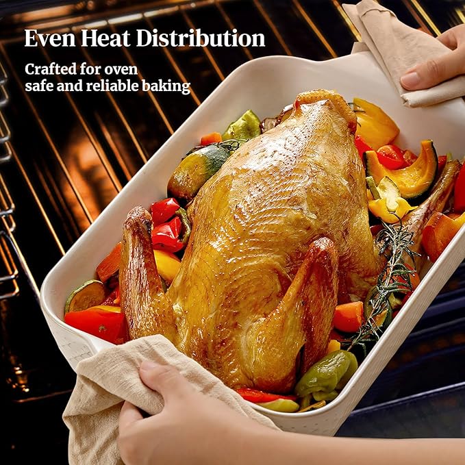 DOWAN 9x13 Deep Lasagna Baking Dish, Ceramic Casserole Dish for Oven, 4 Quarts Embossed Baking Pan with Handles, Oven Safe Bakeware for Roasting, Desserts, Durable & Giftable, Arctic White