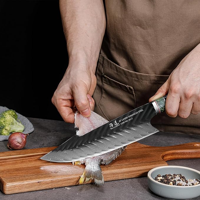SHANGDAO Damascus Chef Knife 8 Inch,67 Layers Alloy Steel Professional Kitchen Knives with Leather Sheath, Hand Forged Resin & Wood Handle QILIN Series