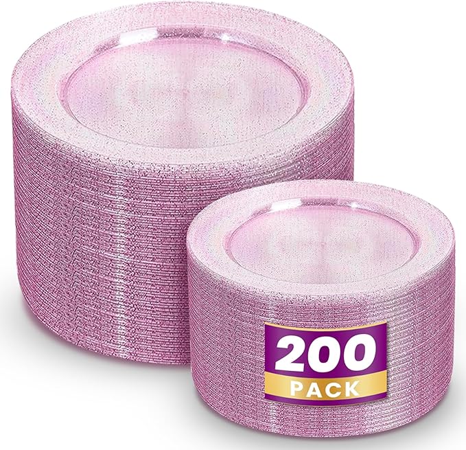 WDF 200PCS Pink Plastic Plates - Rose Gold Glitter Plastic Plates - Heavy Duty Pink Glitter Disposable Plates - Include 100 Dinner Plates 10" and 100 Dessert Plates 7" for Parties/Wedding