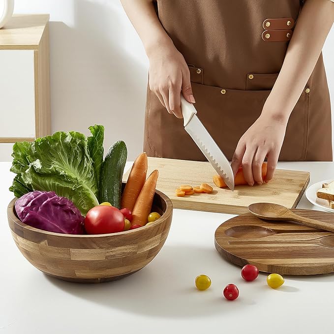 Wooden Salad Bowl, Salad Bowls, Large Salad Bowl with Serving Utensils, Big Mixing Bowl for Fruits, Salad, Cereal, Corn flake, Pasta 11.8" Diameter x 5.34" Height