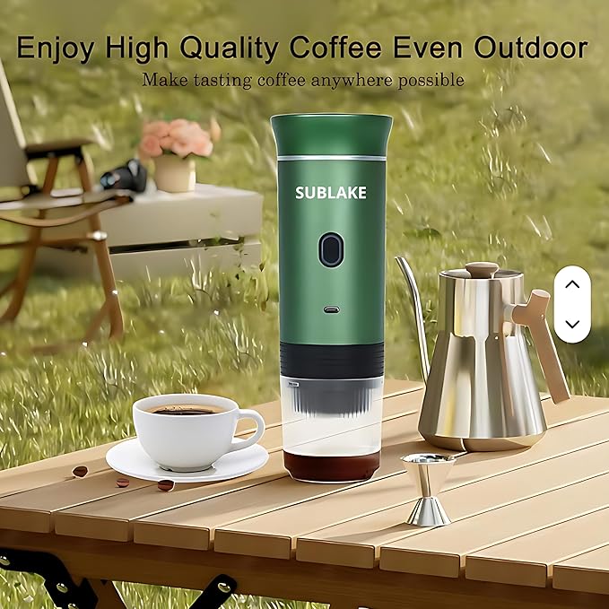 Portable Espresso Maker – Self-Heating USB-C Rechargeable Travel Coffee Maker for Car, Camping, Office, portable coffee maker - portable coffee machine With Ground Coffee & NS Capsule (Green)