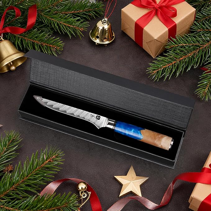 Fillet Knife 6 Inch Damascus Boning Knife for Meat Fish and Poultry Cutting with Super Sharp Japanese Blade with Gift Box and Resin Wood Handle, Ideal Gift for Men and Women