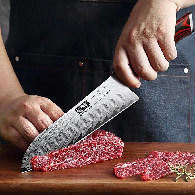 Damascus Santoku Knife, 7 Inch Professiona Kitchen Knife, Damascus Super Steel Ultra-Sharp Santoku Chef Knife with Ergonomic G10 Handle