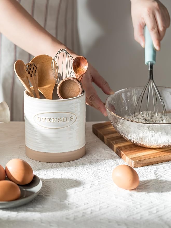 YHOSSEUN Utensil Holder Set of 2, Ceramic Utensil Holder for Kitchen Counter, 6.7"+5.1" Kitchen Utensil Crocks Spatula Holder for Countertop, Two-tone Finish Oval Opening