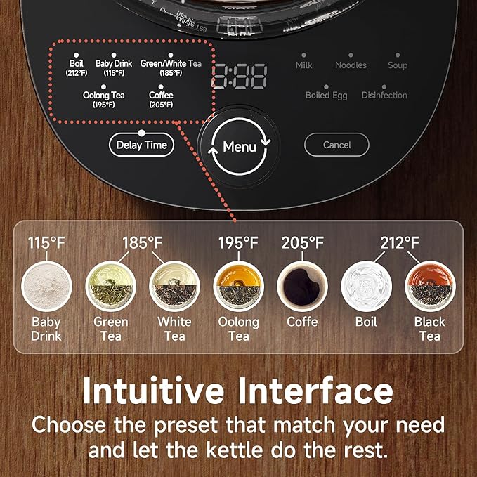 Glass Electric Kettle With Tea Infuser and Temperature Control - 1.5L Stainless Steel Tea Maker, 1200W Rapid Boiling, Programmable Control for Teas and Coffee - Black