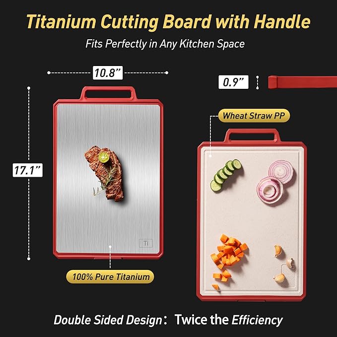 Titanium Cutting Boards for Kitchen Chopping Board with Handle Large Big Small Kitchen Meat Butcher Block 2 in 1 Pure Titanium and Wheat Straw PP Not Wood Bamboo Plastic Silicone Teak Red/Beige