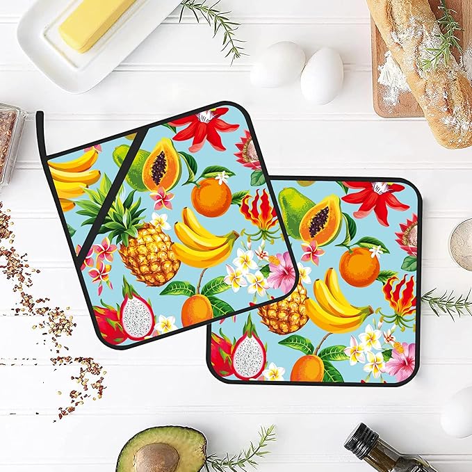 Hawaiian Tropical Fruits Pot Holders Set of 2 Heat Resistant & Non Slip Potholders, Flowers Oven Hot Pads for Kitchen Cooking Baking Barbecue