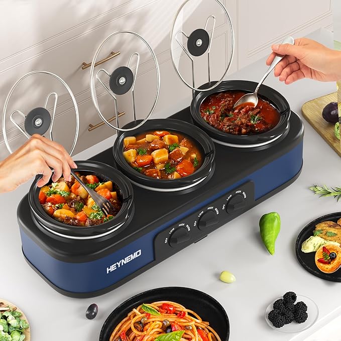 Triple Slow Cooker, 3×1.5 QT Buffet Servers and Warmers, 3 Pots Buffet Slow Cooker Adjustable Temp Lid Rests Stainless Steel Manual Silver for Parties Holidays Families,Blue
