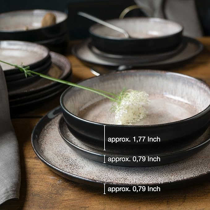 VIDA 12-Piece Porcelain Dinnerware Plate Set for 4 | Includes 4 Dinner Plates, 4 Dessert Plates, 4 Bowls | Modern Beige Ceramic Tableware, Stoneware Look, Microwave & Dishwasher Safe Dishes