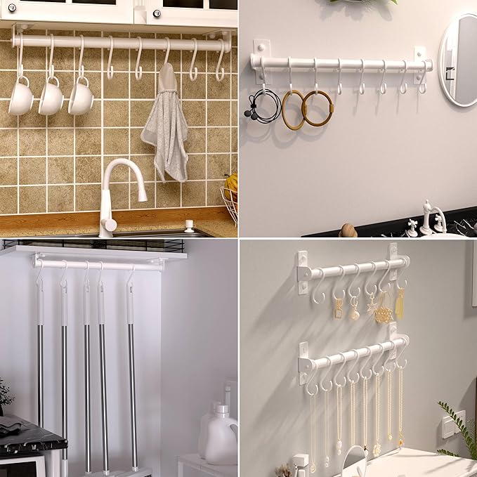 Dseap Kitchen Utensil Holder Hanger, Pot and Pan Rack Wall Mounted, Kitchen Rail with 8 Hooks for Hanging Cooking Utensils, Mugs, Spoons, Wall Mounted, White