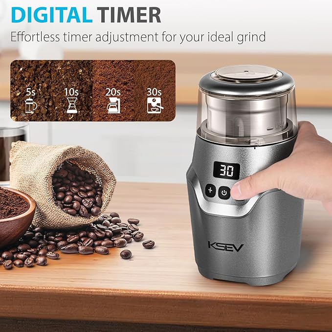 Digital Display Timer Electric Coffee Grinder, 150W Herb Grinder, Large Capacity Up to 12 Cups, Whisper Quiet, Safety Lock Feature, Removable Stainless Steel Cup for Spices, Herbs, Nuts (Silver)