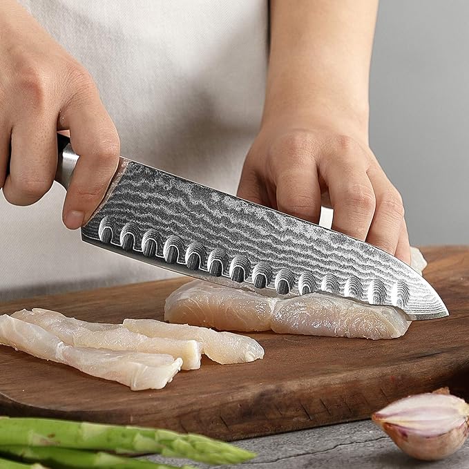 Damascus Kitchen Knife, 7 Inch Santoku Knife Professional Kitchen Knife Forged with VG10 Super Steel 67-Layer Damascus, Non-slip ABS Ergonomic Triple Rivet Handle, Razor Sharp Lightweight Multipurpose