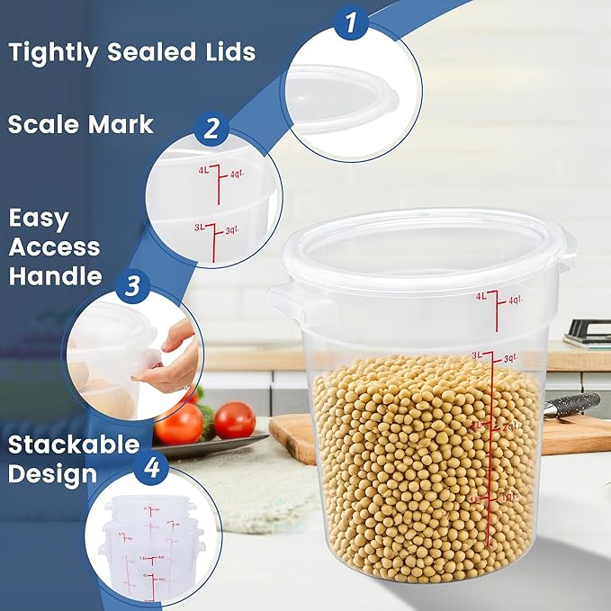 4 Pack 4QT Round Food Storage Containers with Lids, BPA-Free Polypropylene NSF Commercial Food Container, with Labels & Measuring Cup