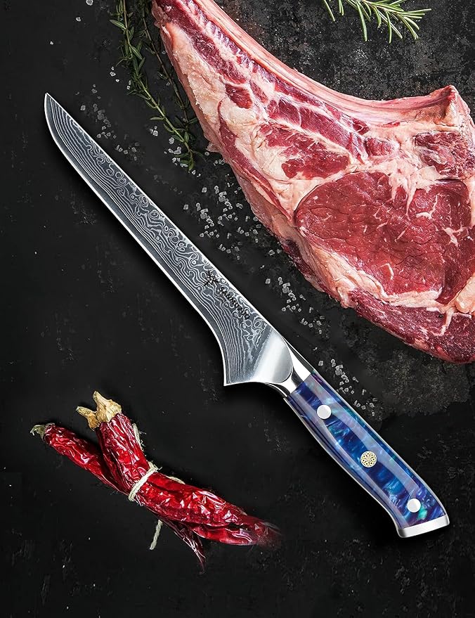 7 inch Fillet Knife, VG10 Damascus Steel Fish Boning Knife with Resin Handle - Xuan Series (Sapphire Blue)