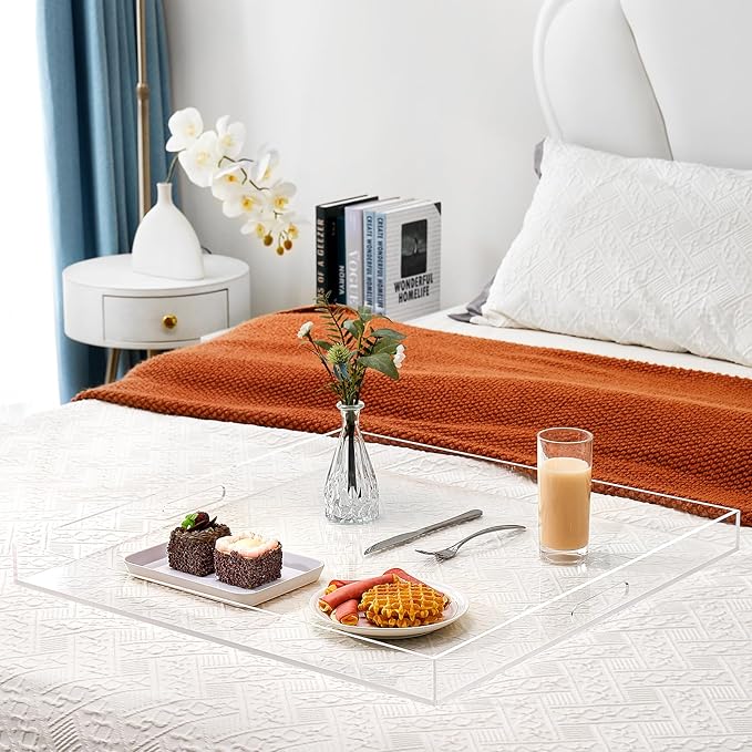 17×17 inches Oversized Clear Acrylic Ottoman Tray Extra Large Decorative Tray Spill-Proof Serving Trays with Handles King-Size Safe Edge Organizer for Coffee Table Countertop Breakfast