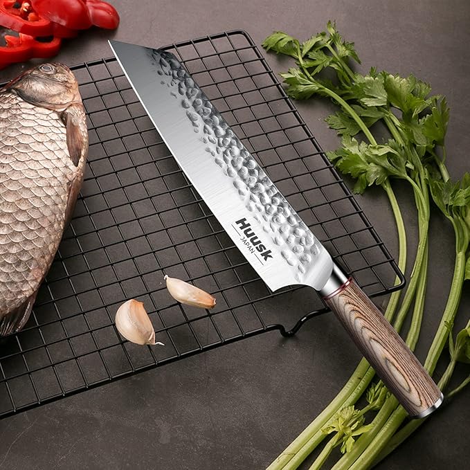Huusk 8 Inch Kiritsuke Chef Knife Professional, High Carbon Steel Japanese Hand Forged Sushi Fish Knife, Ergonomic Pakkawood Handle - Father's Day for Men Women
