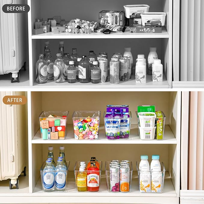 12 Pack Middle Organizers and Storage, Pantry Organization and Storage Bins, Cabinet Organizer, Clear Plastic Storage Containers with Handle,Acrylic Storage Bins for Cabinet, Fridge