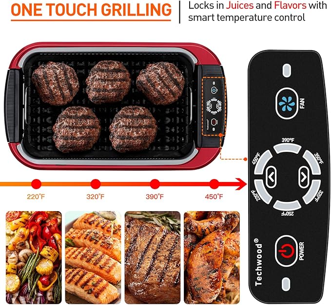 Techwood Indoor Smokeless Grill, 1500W Electric BBQ Grill and Non-Stick Grill Plates with Temperature Control, Removable Drip Tray, Tempered Glass Lid, Red