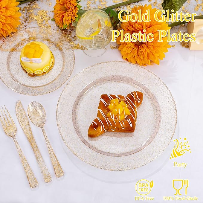 WDF 200PCS Gold Plastic Plates - Gold Glitter Plastic Plates - Heavy Duty Gold Glitter Disposable Plates - Include 100 Dinner Plates 10" and 100 Dessert Plate 7" for Parties/Wedding