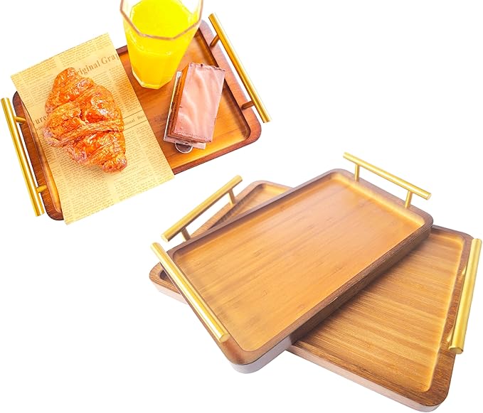 Bamboo Serving Tray with Gold Handles - Small Wood Serving Tray for Breakfast in Bed, Coffee Table, Dinner & bar - Decorative Bed Table Tray for Kitchen or Bedroom(11.8" x 7.5" x 2")