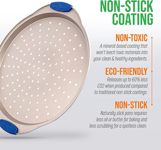 NutriChef 13-Inch Non-Stick Pizza Tray with Silicone Handle - Perforated Round Steel Pan, Dishwasher Safe - 2 Pack - Champagne Gold