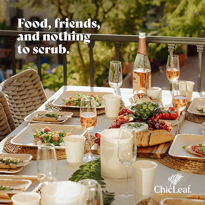 Chic Leaf Compostable Palm Leaf Plates & Cups Set - 10 In & 7 In Pack of 45, Natural - Biodegradable Tableware & Disposable Plates & Cups - Durable Bamboo Utensils