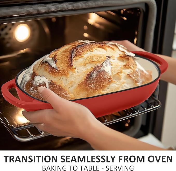 Premium Enameled Cast Iron Dutch Oven for Bread Baking | Non-Stick 5QT Oval Bread Oven with Lid | Perfect for Sourdough, Loaf, and Artisan Baking (Red, 5 QT)