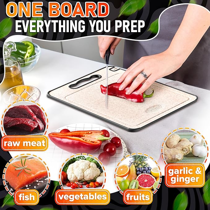 Titanium Cutting Board for Kitchen 14.3"x9.8" - Double Sided Metal Cutting Board Titanium GR1 for Meat & Wheat Straw PP for Fruits - Non-Slip, Built-in Knife Sharpener, Garlic Grater & Juice Grooves
