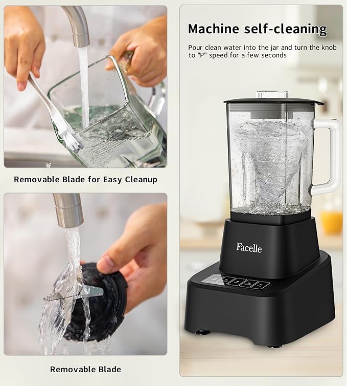 Smoothie Blender, Facelle Countertop Blender for Kitchen, 55 oz Glass blender for smoothies and Shakes, Licuadora, Smoothie maker with touchscreen 3+P Speeds, Cleaning brush & removable SS304 blade