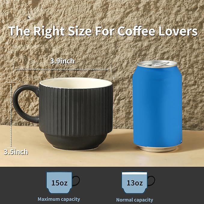 Hasense 15OZ Ceramic Stackable Coffee Mugs Set of 2, Large Porcelain Coffee Cups Set with Ribbed Design and Handle for Cappuccino, Latte, Cereal, Americano, Tea Bag and Beverage, Matte Black