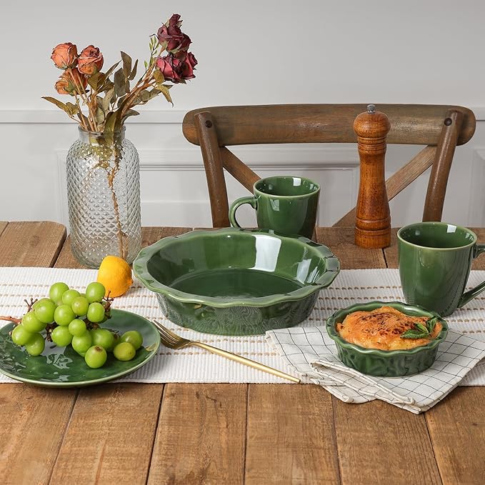 Vicrays Ceramic Pie Pan for Baking - 5.5 inch Small Pie Plates Deep Dish Round Pot Casserole Mini Serving Bowl, Microwave Oven Safe for Dessert Apple Pie Cake Tart Pizza, Set of 6 - Green
