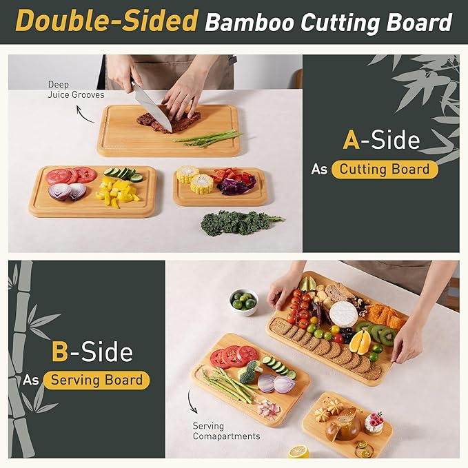 3 Packs Bamboo Cutting Board Set Non Toxic Wood Cutting Boards for Kitchen with Juice Grooves Built-in Handles, Ideal Charcuterie & Chopping for Meat Vegetables Fruits Kitchen Gift for Home Cooks