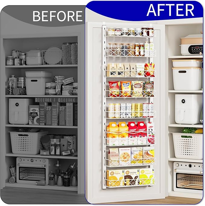 MIAOLI Over the Door Organizer, White 8-Tier Pantry Door Organizer with Adjustable Basket, Hanging Spice Rack Cabinet Door Shelves, Laundry Room Organization and Storage
