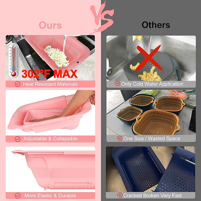 ROTTOGOON 7Qt Collapsible Colander Strainer, Expandable Over the Sink Colanders, Adjustable Silicone Kitchen Sink Strainer, Foldable Large Colander Basket to Wash Vegetable, Fruit, 15" to 19.11", Pink
