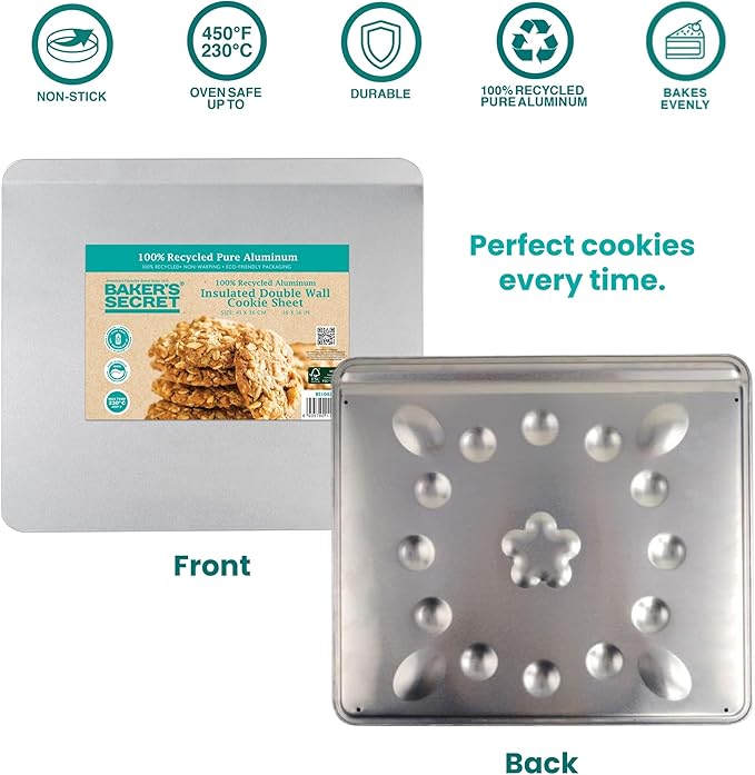 Baker's Secret 2pcs Pure Aluminum Insulated Cookie Sheet Commercial Grade, Baking Tray for Oven 100% Recycled Cookie Sheet Extra Thick - The Natural Collection