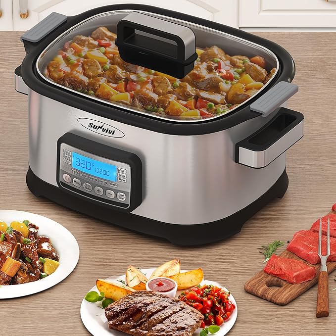 Sunvivi 6.5 Quart Slow Cooker Roaster Oven:11 in 1 programmable Multi-Cooker Food Warmer with Digital Timer, Temp Control, Removable Nonstick Cast Aluminum Pot & Dishwasher-Safe Tempered Glass Lid