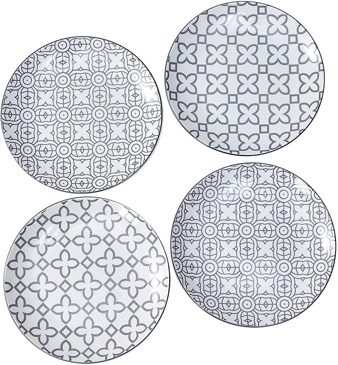 bestone 7.5 Inch Porcelain Salad Plates Set, Porcelain Dessert/Salad Plate,Classic Round with Wide Rim, Lead-Free,Dishwasher, Microwave, Freezer, Oven Safe, for Everyday Use-Set of 4,Grey