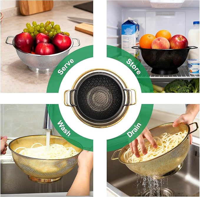 3PCS Three Colors Mix Colander Set, 3QT Black & 4QT Silver & 5QT Gold, Stainless Steel Pasta Strainer with Handle for Prepping Washing Draining Storing Food, Dishwasher Safe