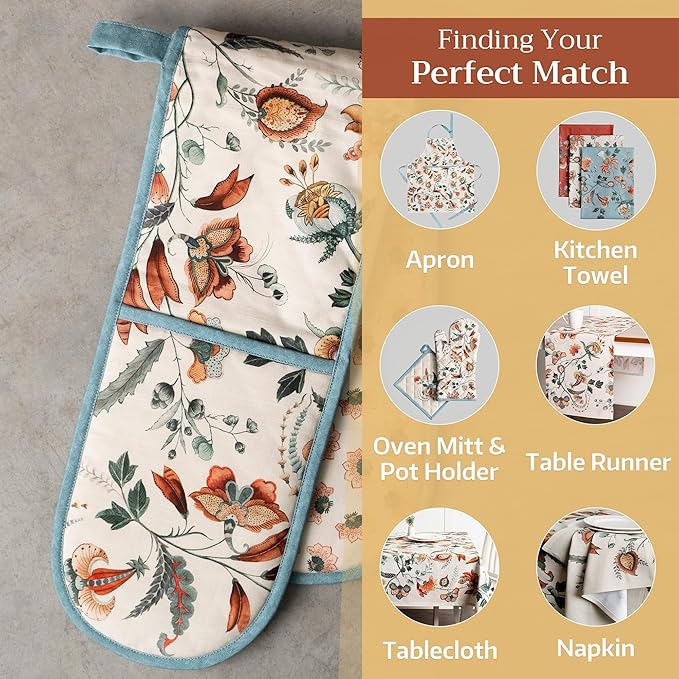 Maison d' Hermine Double Oven Mitts 100% Cotton 7"x35" Double Oven Mitt Heat Resistant BBQ Cooking Gloves with Loop, Baking, Grilling, Home, Kitchen, Handling Hot Pans (Dalida)