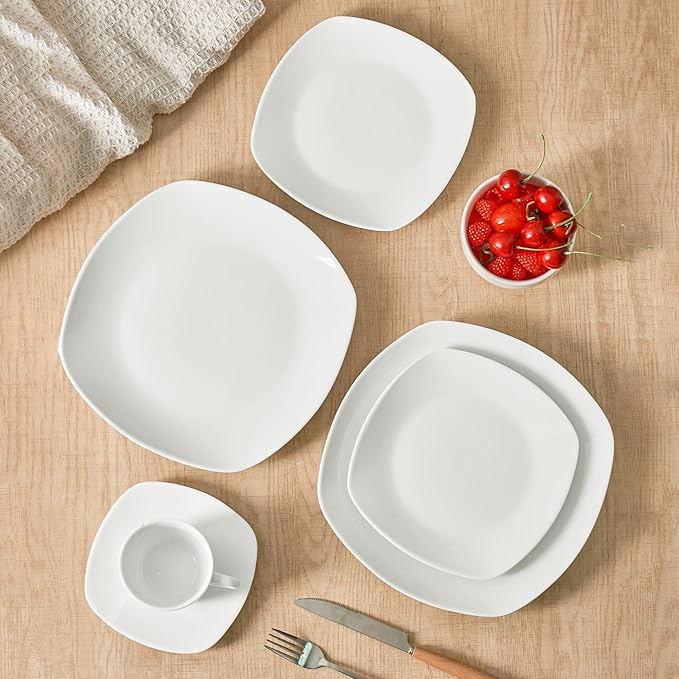 10" Square Dinner Plates Set of 4, White Ceramic Plates for Dinner, Salad, Appetizer & Dessert, Microwave, Dishwasher Safe Dinnerware for Kitchen, Perfect for Party Wedding Birthday & Christmas Dishes
