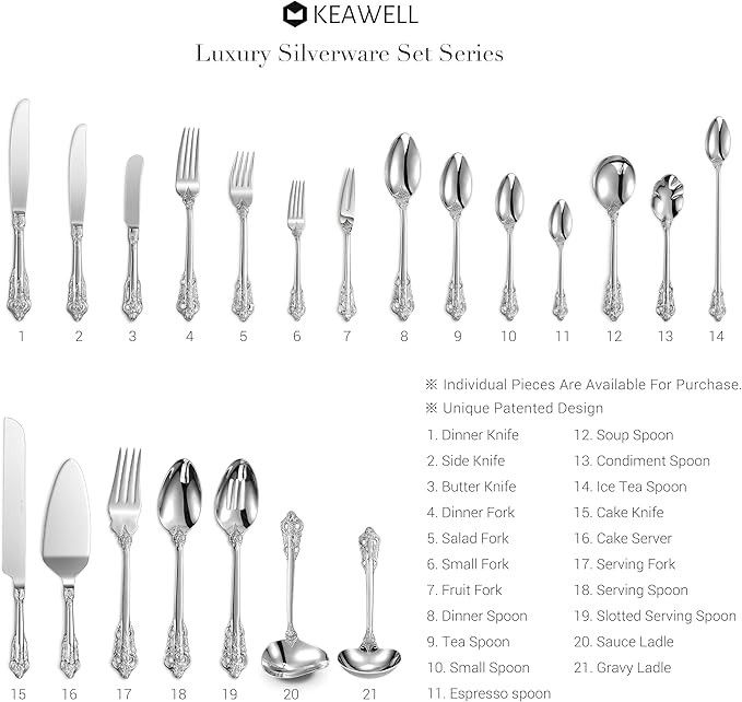 KEAWELL Luxury 45-Piece Silverware Set, 18/10 Stainless Steel, Service for 8, Mirror Finish, Antique Baroque Design, Dishwasher Safe (Silver)