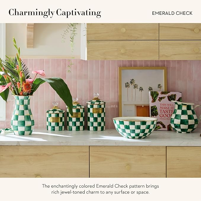 MACKENZIE-CHILDS Large Enamel Canister, Kitchen Storage Container with Lid, Green-and-White Emerald Check