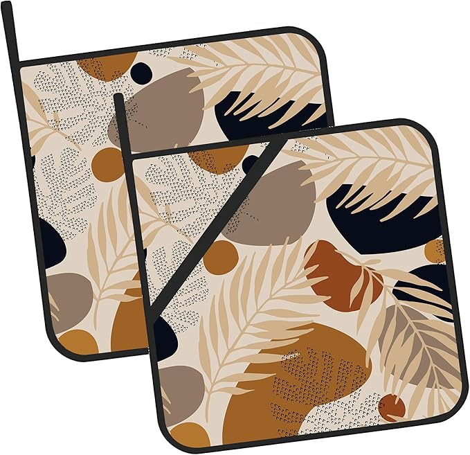 Boho Abstract Geometric Tropical Leaves Pot Holders Set of 2 Oven Hot Pads Pot Holders for Cooking Baking BBQ Gifts for Women