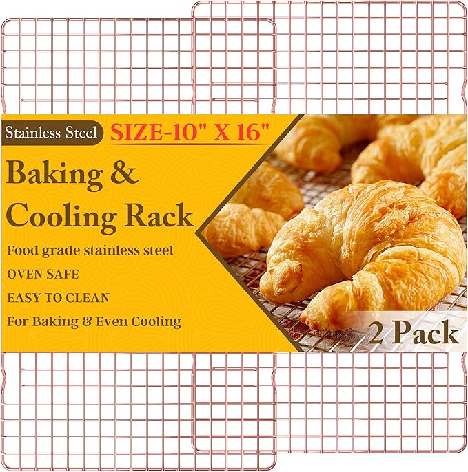 2PCS Cooling Racks for Cooking and Baking - 10" x 16"Heavy Duty Stainless Steel Wire Rack for Baking, Grilling, Roasting - Oven & Dishwasher Safe - Fits Half Sheet Pan(Rose Gold)
