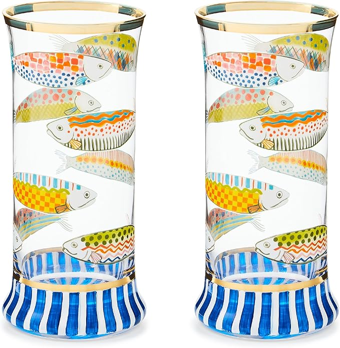 MACKENZIE-CHILDS Highball Glasses, Tall Drinking Glasses with Gold Rims, 15 Ounces, Set of 2, Go Fish