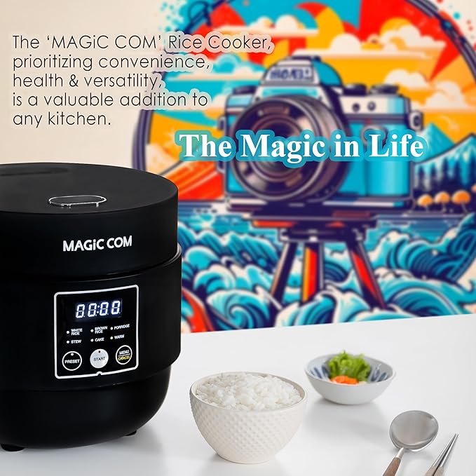 MAGiC COM Rice Cooker 4 Cup(Uncooked) 8 Cup(Cooked), Small Rice Cooker with Steamer, One Touch Healthy Cooking & Warmer, Slow Cooker with Nonstick Inner Pot, 24 Hour Delay Timer, Grain Cooker/Black