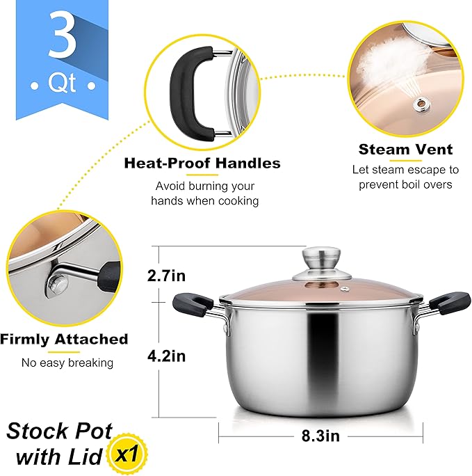 E-far 3 Quart Stock Pot, Stainless Steel Metal Soup Pot with Glass Lid for Cooking, Healthy & Rust Free, Heavy Duty & Dishwasher Safe