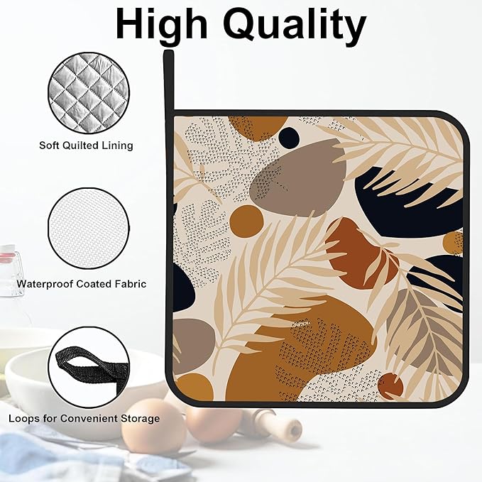 Boho Abstract Geometric Tropical Leaves Pot Holders Set of 2 Oven Hot Pads Pot Holders for Cooking Baking BBQ Gifts for Women