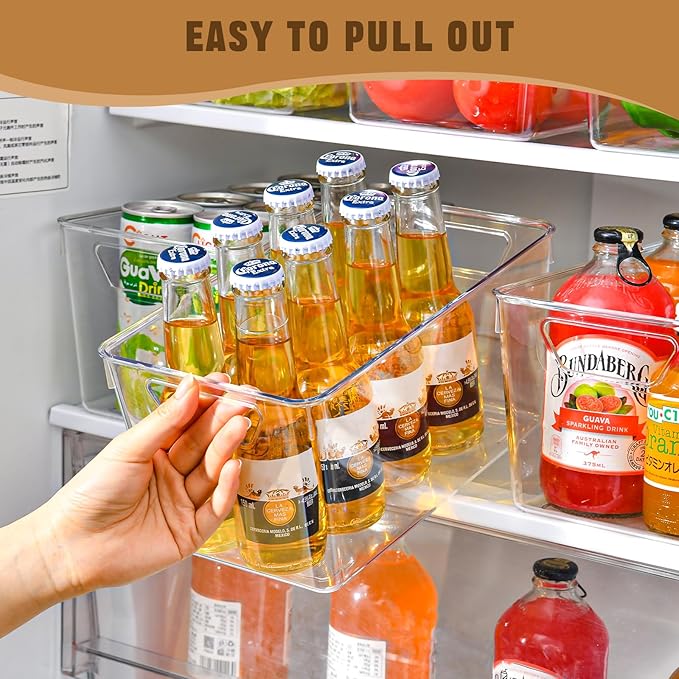12 Pack Middle Organizers and Storage, Pantry Organization and Storage Bins, Cabinet Organizer, Clear Plastic Storage Containers with Handle,Acrylic Storage Bins for Cabinet, Fridge